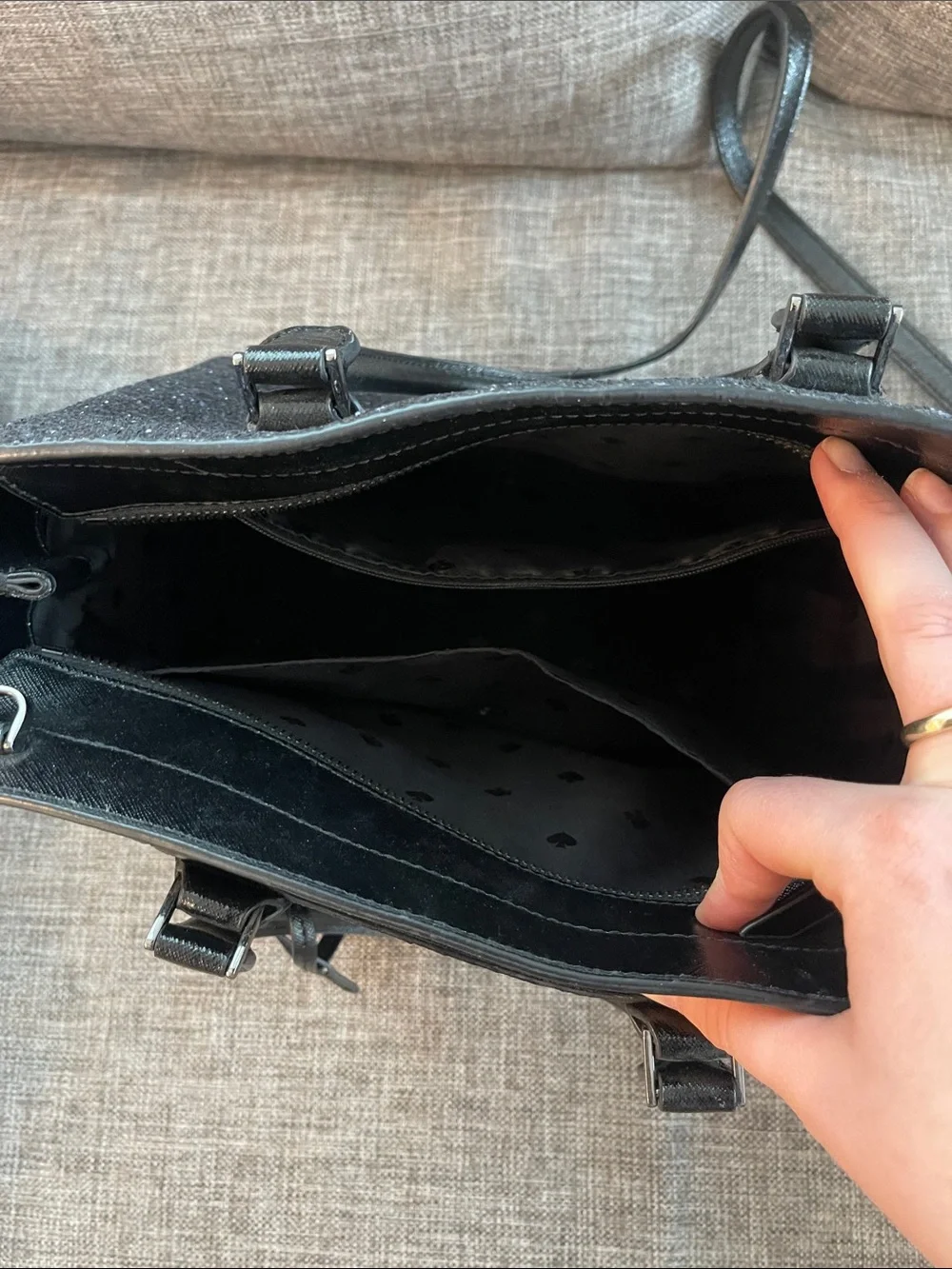 kate spade navy glitter satchel with black trim